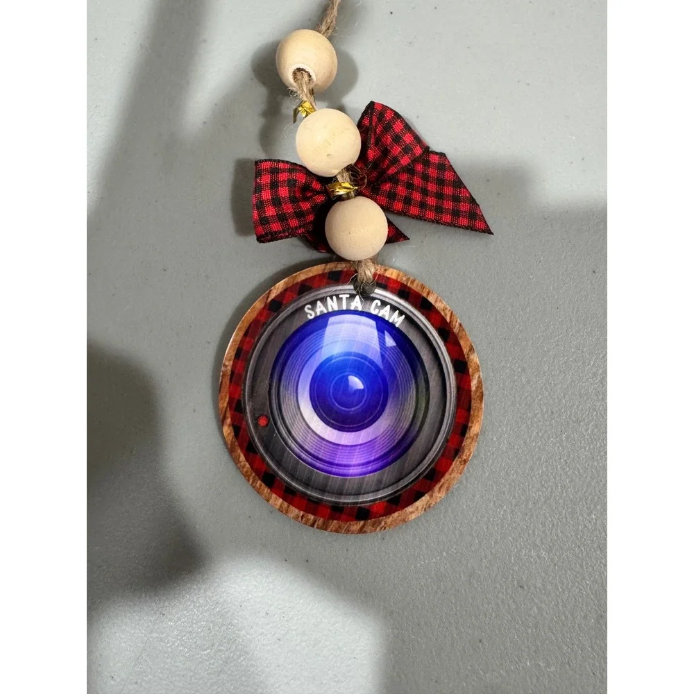 Santa Cam Christmas Ornament Wooden Buffalo Plaid Bow Wood Beads Holiday‎ Decor